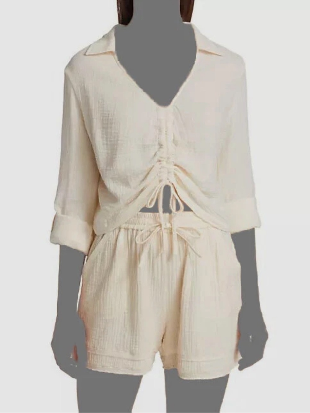 Monrow Light Cream Two-Piece Drawstring Top & Shorts Set